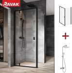 RAVAK SET24 komplekts - dušas durvis NDOP1-90 ar dušas sienu NPSS-90 melns/Transparent un TE092.00 CR/WH dušas sistēmu 
