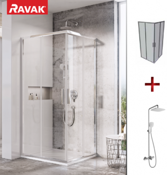 RAVAK SET87 komplekts - dušas kabīne BLSRV2-90 spīdīgs/Transparent ar TE092.00 CR/WH dušas sistēmu 