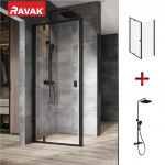 RAVAK SET20 komplekts - dušas durvis NDOP1-90 ar dušas sienu NPSS-90 melns/Transparent un melnu TD F 091.20 BL dušas sistēmu 