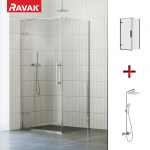 RAVAK SET38 komplekts - dušas durvis COSD1-90 ar dušas sienu COPS-90 chrome/Transparent un TE 092.00CR/WH dušas sistēmu 