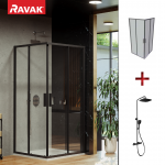 RAVAK SET90 komplekts - dušas kabīne BLSRV2-90 melns/Transparent ar  TD F 091.20 BL dušas sistēmu 