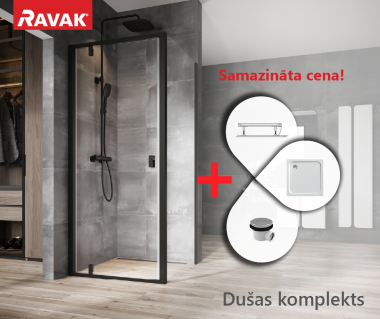 RAVAK SET1 dušas komplekts: NDOP1-90+NPSS-90 melns/Transparent ar Perseus Pro-90 Chrome paliktni 