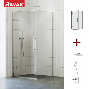 RAVAK SET38 komplekts - dušas durvis COSD1-90 ar dušas sienu COPS-90 chrome/Transparent un TE 092.00CR/WH dušas sistēmu 